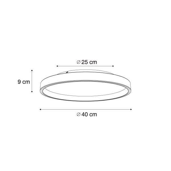 Illustration einer Deckenleuchte mit den Maßen 40 cm Durchmesser, 25 cm Innendurchmesser und 9 cm Höhe.