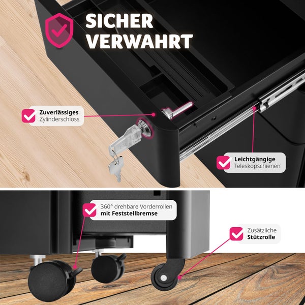 Aktenrollschrank tectake Parvus 30 x 50 x 59,5 cm aus pulverbeschichtetem Stahl schwarz