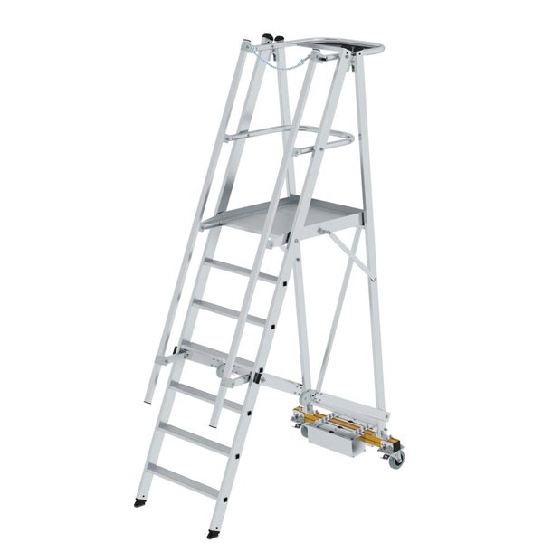 PROREGAL Plattformleiter Klappbar Mit Schmalem Fahrwerk 7 Stufen Inkl. Beidseitigem Handlauf Aluminium Nivello Leiterschuhe