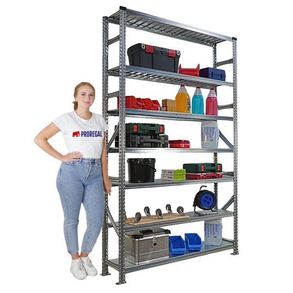 Ein Regal aus Metall mit sechs Ebenen und verschiedenen Werkzeugen und Behältern, daneben eine Frau