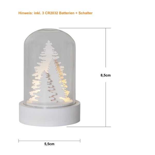 Dekoration mit zwei Weihnachtsbäumen aus Holz unter Glasglocke