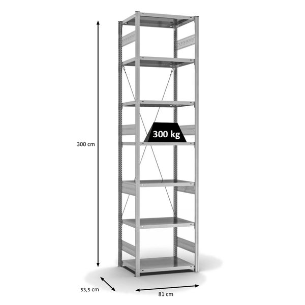 PROREGAL Fachbodenregal Stecksystem T-Profil Heavy-Duty Grundregal HxBxT 300 x 75 x 50 cm 7 Ebenen Fachlast 300 kg Einseitig Nutzbar Verzinkt