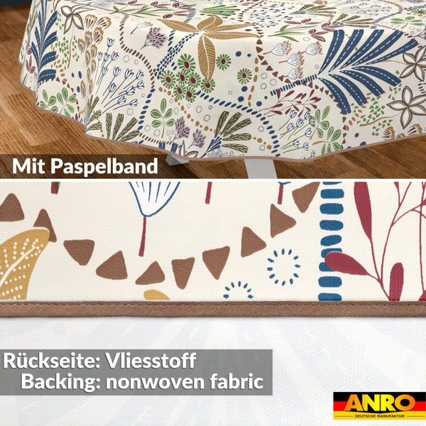 Runde Tischdecke mit botanischem Muster, Paspelband und Vliesstoff-Rückseite.