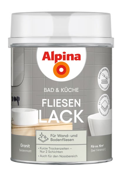 Alpina Fliesenlack für Bad und Küche in Granit seidenmatt. Geeignet für Wand- und Bodenfliesen, ohne Grundierung, für circa 10 Quadratmeter.