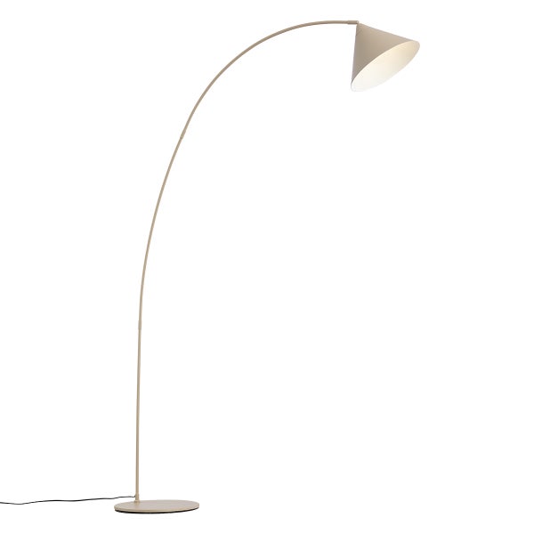 Bogenstehlampe aus Metall in Sandbeige mit rundem Fuß und konischem Schirm