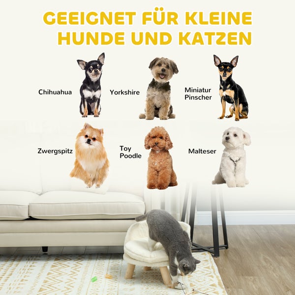 PawHut Katzensofa, Haustiersofa mit Kissen, Katzenbett, katzensessel Katzenhocker erhöhtes Haustierbett mit rutschfesten Holzfüße, Hundesofa, Indoor, Cremeweiß, 40,5 x 40,5 x 33 cm