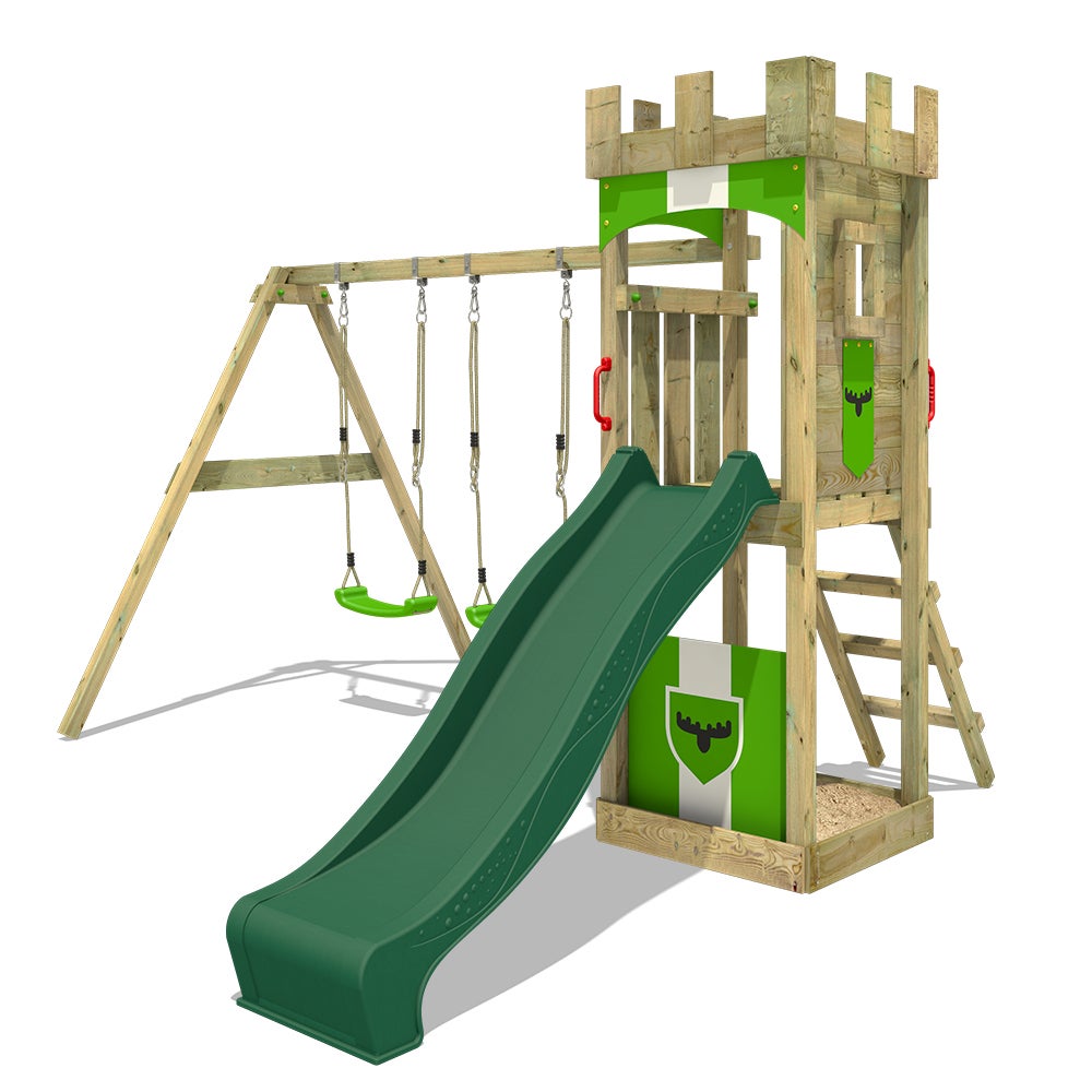 FATMOOSE Spielturm Klettergerüst TreasureTower mit Schaukel und Rutsche, Kletterturm mit Sandkasten, Leiter und Spiel-Zubehör - grün