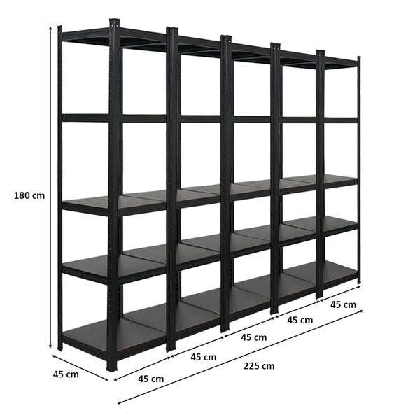PROREGAL Mega Deal 5 x All Black Series Schwerlastregal Ragnar HxBxT 180 x 45 x 45 cm Fachlast 100 kg Matt Schwarz Kellerregal Steckregal Garagenregal