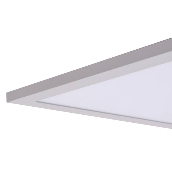 Flaches LED-Panel mit grauem Metallrahmen und weißem Diffusor in der Detailansicht.