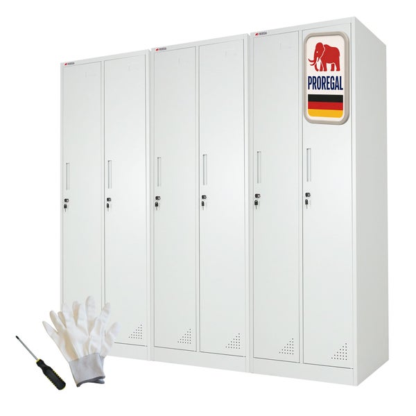 Metallschrank Spind mit sechs Abteilen, abschließbar aus weißem Stahl, Made in Germany, inklusive Montagehandschuhen, Schraubendreher, ProRegal Logo.