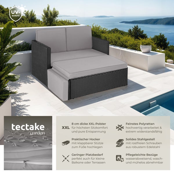 Rattan Lounge tectake Korfu Hocker mit klappbarer Stütze 2-Sitzer schwarz/grau