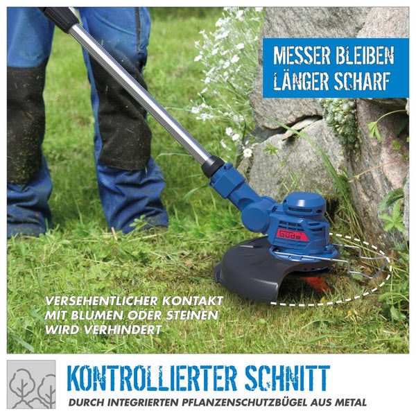 Güde Rasentrimmer im Einsatz mit integriertem Pflanzenschutzbügel aus Metall zum Schutz von Blumen und Steinen.