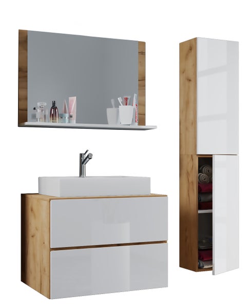 Modernes Badmöbel-Set mit Waschbeckenunterschrank in Eiche-Optik und weißen Hochglanzfronten, Aufsatzwaschbecken, Spiegel mit Ablage und Hochschrank.