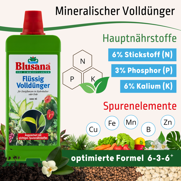Blusana Flüssig Volldünger 2 Liter Vorteilspaket ( 2 x 1 l Flasche) Flüssigdünger  NPK Dünger 6-3-6 für Zierpflanzen Obst- und Gemüse Hydrokultur Hydroponik Erde