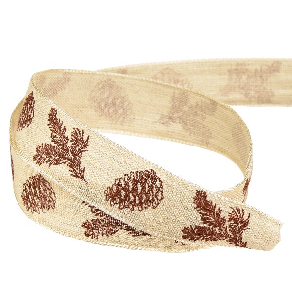Dekoratives Stoffband mit Tannenzapfen- und Tannenzweigmuster für Weihnachtsdekoration und zum Verpacken von Geschenken.