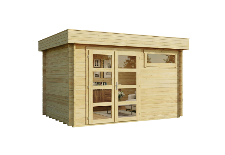 Modernes Gartenhaus aus hellem Holz mit Flachdach, einer verglasten Doppeltür und einem kleinen horizontalen Fenster.