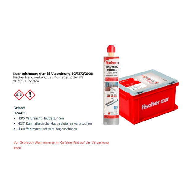 Fischer Kunststoffbox mit offenem Deckel und Fischer Logo, gefüllt mit mehreren Kartuschen fischer Montagemörtel FIS VL.