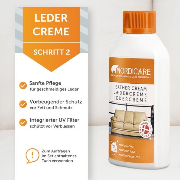 Nordicare Lederpflege Set [250ml] für Auto, Couch und Möbel I Lederreiniger zur Leder Pflege I Lederpflegeset, Leder Reinigung, Lederpflege Sofa, Leather Cleaner, Lederpflege Auto