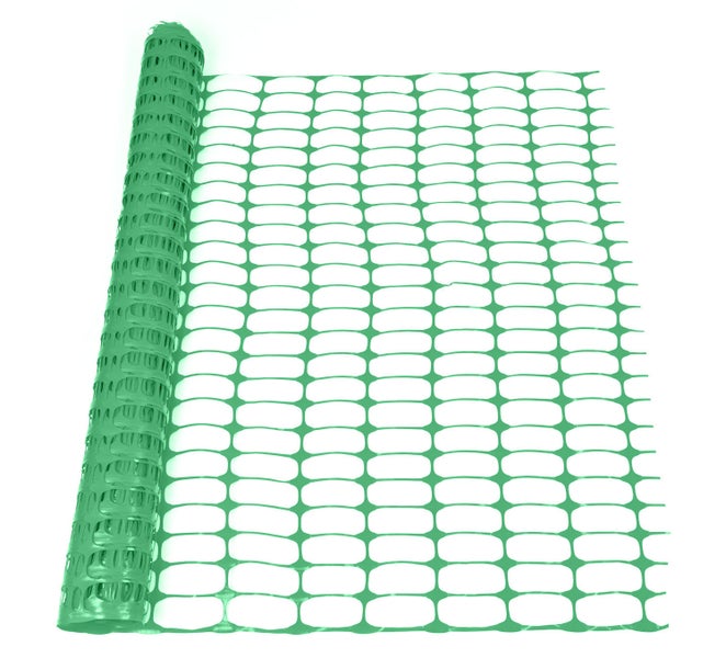 Grünes Absperrnetz aus Kunststoff, teilweise ausgerollt, mit ovalen Maschen.