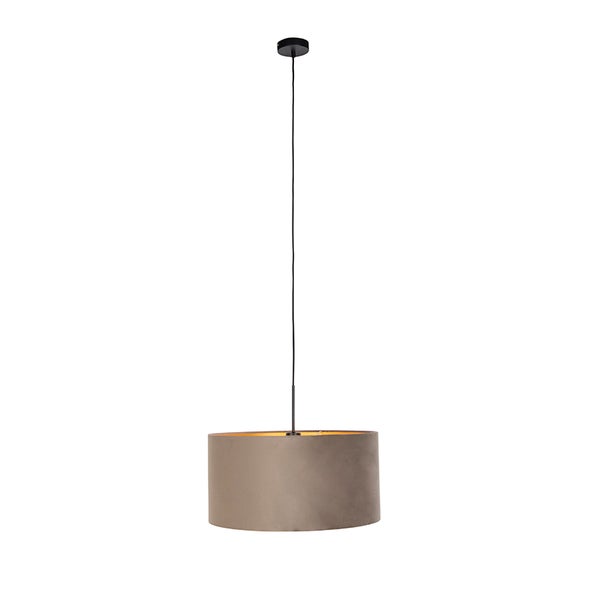 Pendelleuchte mit zylindrischem Textilschirm in Taupe und goldfarbener Innenseite, schwarze Aufhängung.