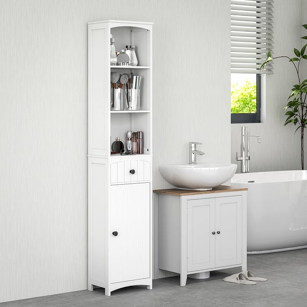 HOMCOM Badezimmerschrank Hochschrank mit 3 Regalen, 1 Schublade Badschrank Badregal Bad Schrank Badmöbel, Weiß, 34x24x170,5cm
