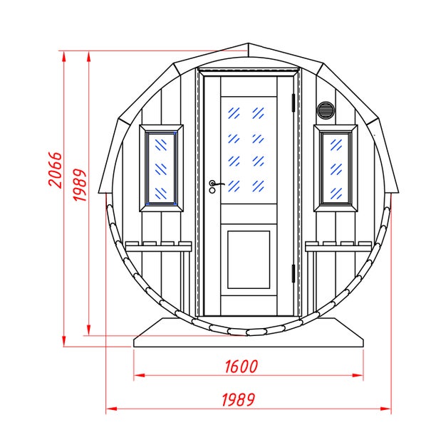 Fasssauna aus hellem Holz mit Schindeldach, offener Tür, Innenbänken und zwei Außensitzbänken.