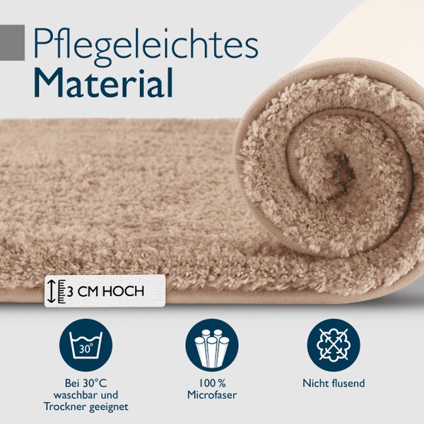 Pflegeleichter Badteppich aus Mikrofaser, 3 Zentimeter hoch, waschbar bei 30 Grad, trocknergeeignet und fusselfrei.