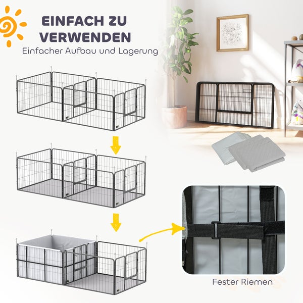 Welpenauslauf aus Metall, klappbar, inklusive Bodenmatte und Textilverkleidung, Darstellung von Aufbau und platzsparender Lagerung.