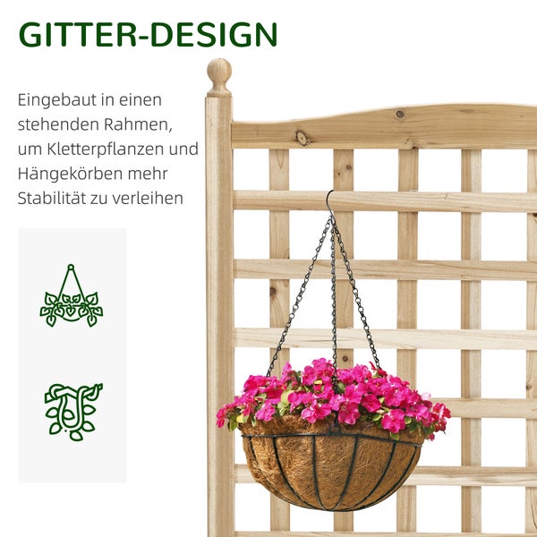 Holzgitter mit Hängetopf und rosa Blumen