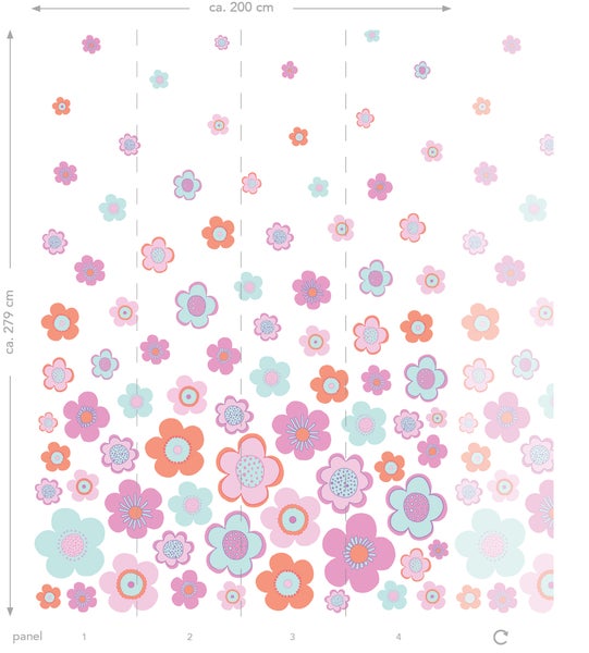 Blumentapete mit Blumenmuster, circa 200 cm breit und circa 279 cm hoch