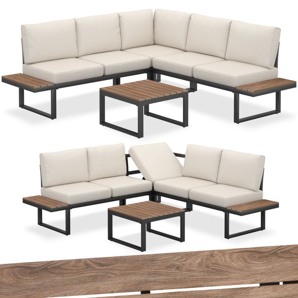 Modulares Garten-Lounge-Set aus Metall mit Holz-Elementen, bestehend aus Ecksofa mit verstellbarer Rückenlehne, Polstern und Couchtisch.