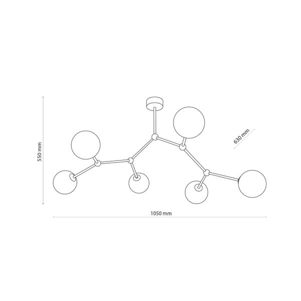 Technische Zeichnung einer Hängeleuchte mit sechs Leuchten, Abmessungen: 1050 mm breit, 630 mm hoch, 550 mm tief