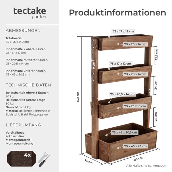 Produktinformationen zum Vertikalbeet aus lackiertem Tannenholz mit Maßen circa 85 mal 45 mal 140 Zentimeter und tectake Logo.