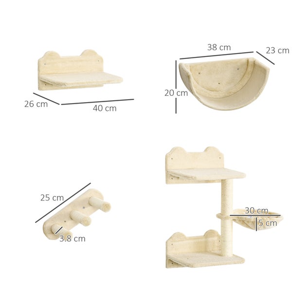 PawHut Katzen Kletterwand 4 tlg. Klettern Katzenkratzbaum mit Kaztentreppe, Hängematte, Sprungplatt, Wandkratzbaum, Wand Katzenmöbel für Katzen bis 5 kg, Polyester, Beige