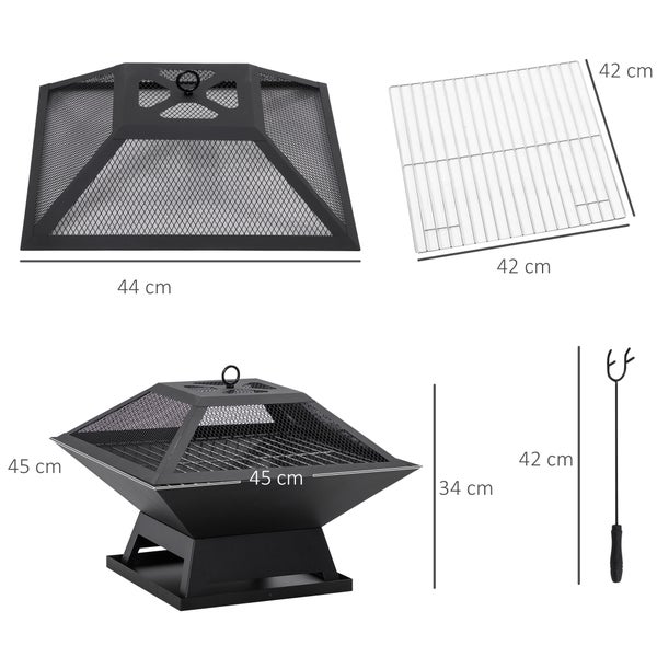 Outsunny Feuerschale mit Funkenschutz, Grillrost, Schürhaken, für Garten, Camping BBQ, 45 x 45 x 34 cm, Stahl, Schwarz