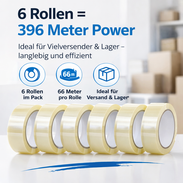 Sechs Rollen transparentes Packband, 66 Meter pro Rolle, insgesamt 396 Meter, geeignet für Versand und Lager.