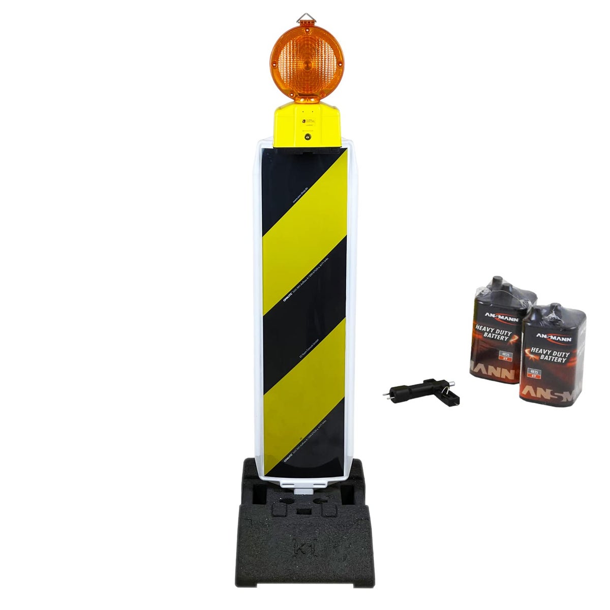 UvV Leitbake Fußplatte (18 / 30 kg) Baustelle rot/weiß oder Lager gelb, schwarz / RA1 schwarz / gelb / K1 (28 kg) / Baustellenleuchte gelb + 2 Batterien inkl. Lampenschlüssel