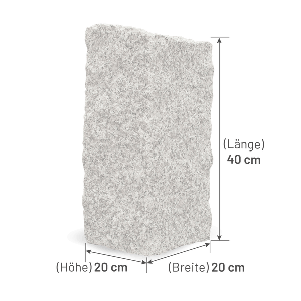 Naturstein aus Granit mit den Maßen Länge 40 Zentimeter, Höhe 20 Zentimeter und Breite 20 Zentimeter.