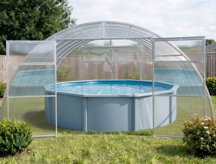 Rundes Stahlwandbecken mit Poolüberdachung im Garten auf einer Rasenfläche platziert.