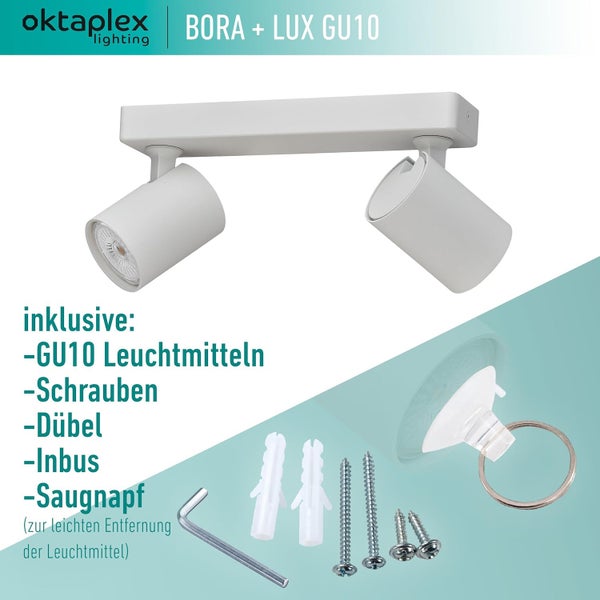 Bora Deckenstrahler 2-Flammig GU10 LED Leuchtmittel 400lm warmweiß 2700K schwenkbar Deckenleuchte Spotbalken weiß