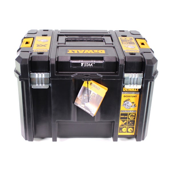 DeWALT Werkzeugkoffer TSTAK für Akku-Handkreissäge DCS572NT, robustes Systemgehäuse mit Tragegriff und Metallverschlüssen.