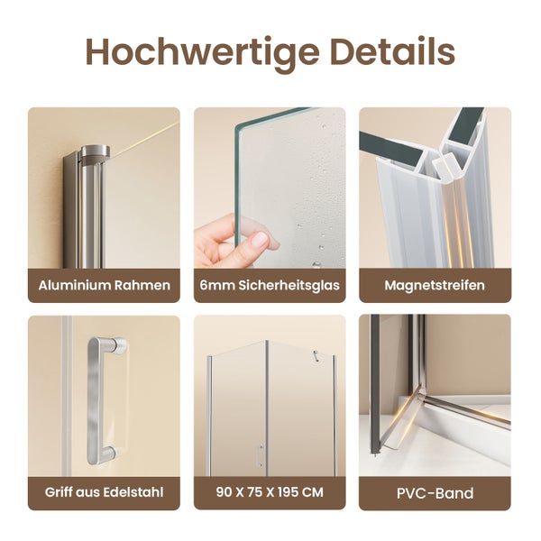 Details Duschkabine: Aluminiumrahmen, 6 Millimeter Sicherheitsglas, Magnetstreifen, Edelstahlgriff, PVC-Band. Maße 90 mal 75 mal 195 Zentimeter.