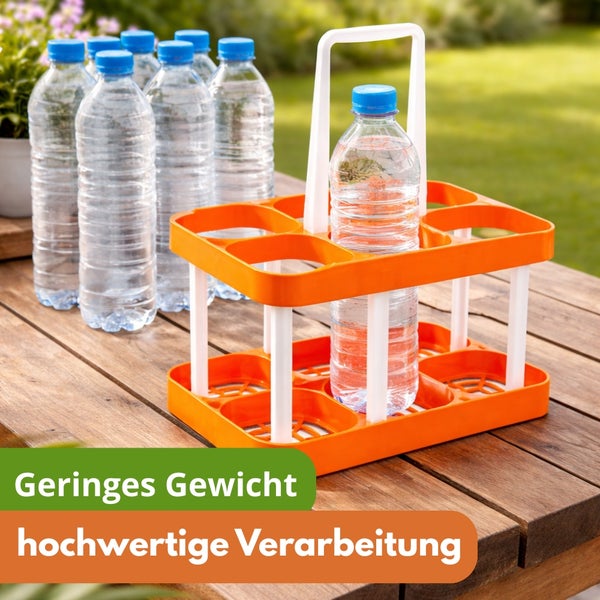 Flaschenträger aus Kunststoff für sechs Flaschen mit Tragegriff auf einem Holztisch im Außenbereich.