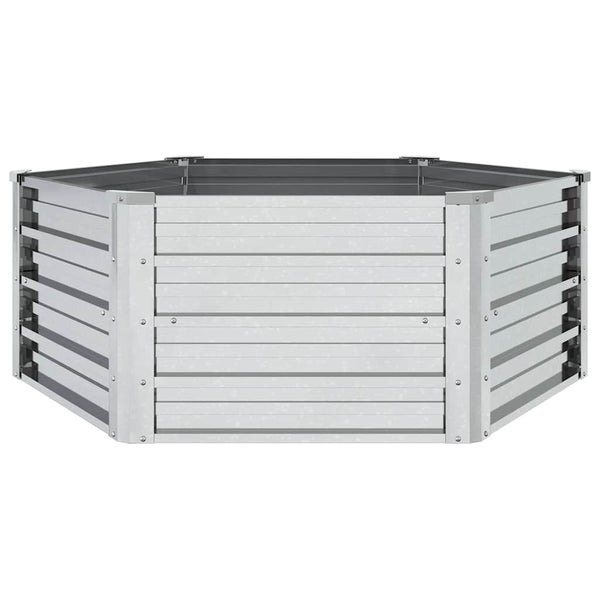 Sechseckiges Hochbeet aus verzinktem Stahl mit Lamellenstruktur und verstärkten Eckprofilen.