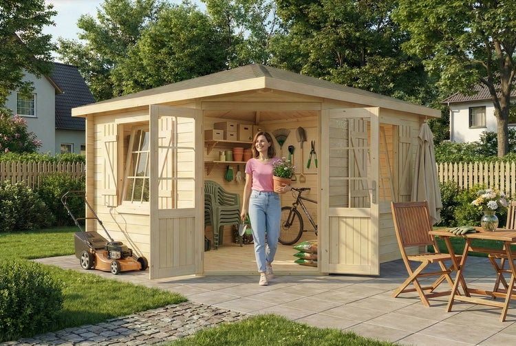 Helles Gartenhaus aus Holz mit geöffneter Doppeltür in einem organisierten Garten mit Rasenmäher und Gartenmöbeln.