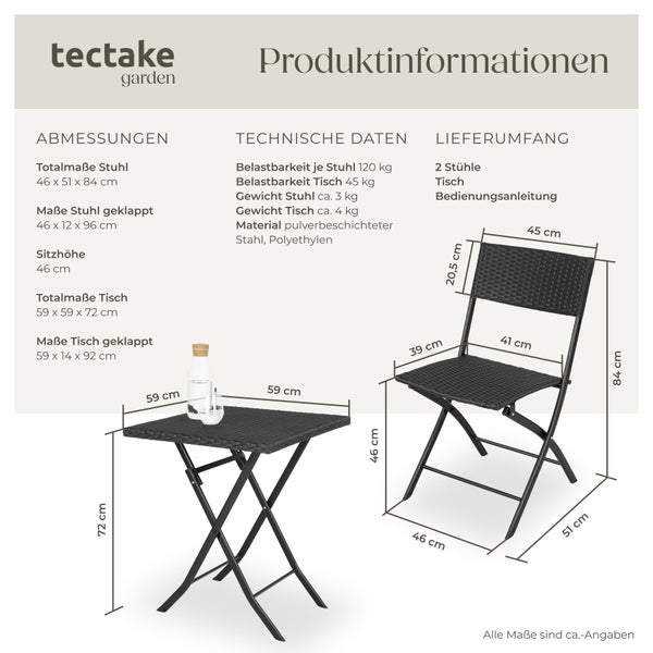 Rattanset tectake Trevi geringes Gewicht für 2 Personen schwarz
