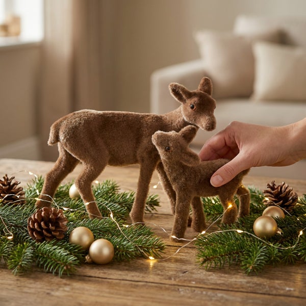 Zwei dekorative Rehfiguren aus beflocktem Material auf einem Tisch mit Tannenzweigen, Kiefernzapfen und einer Lichterkette zur Weihnachtsdekoration.