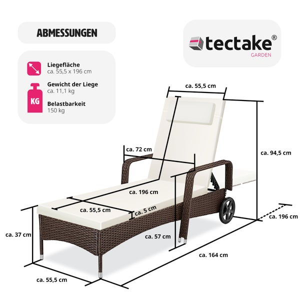 Rattan Sonnenliege tectake Cassis 196 x 72 x 57 - 94,5 cm mit Aluminiumgestell braun gemischt
