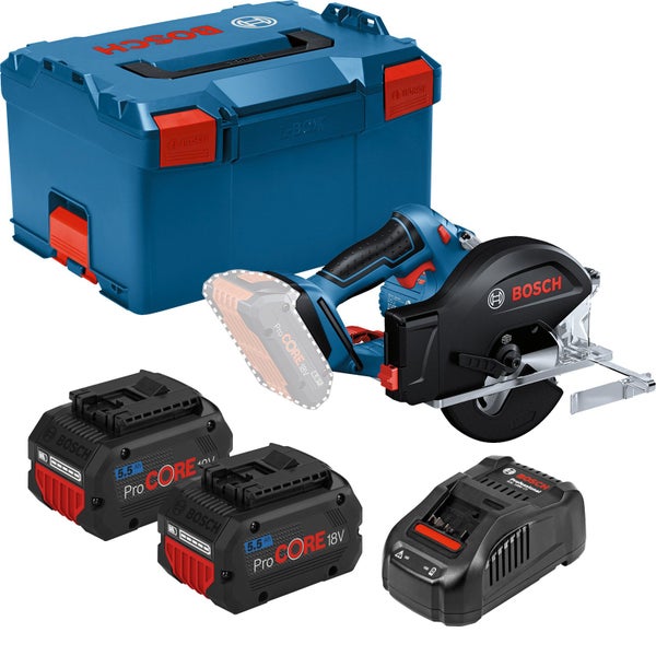 Bosch Akku-Kreissäge GKM 18V-50 Ø 136 mm / 2x 5,5 Ah ProCORE + GAL 1880 CV in L-Boxx