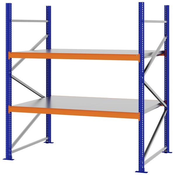 Weitspannregal aus Stahl mit zwei Lagerebenen, blauen Rahmen und orangefarbenen Traversen.